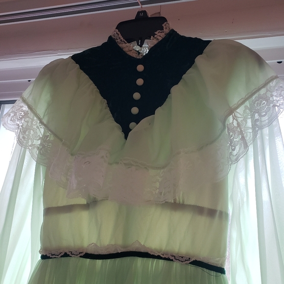 Vintage Victorian Style Mint Green Velvet and Lace Dress - Picture 2 of 10